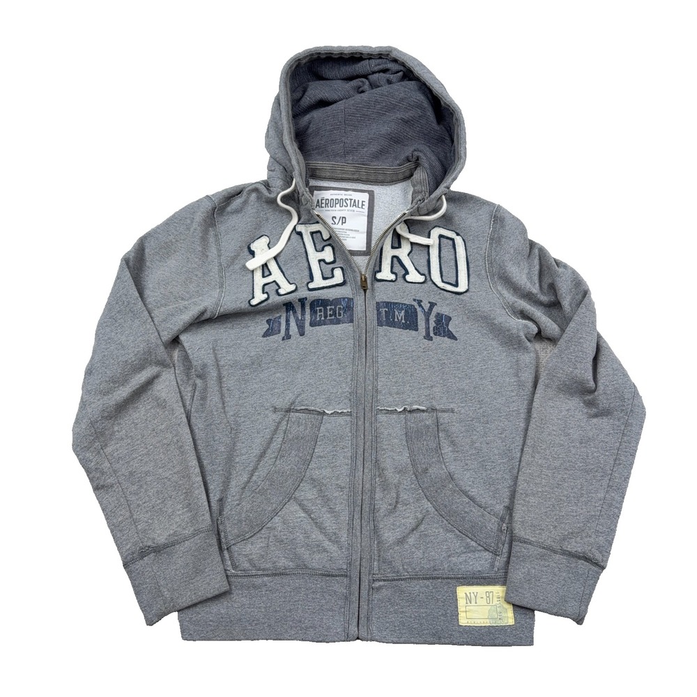 Vintage Y2K Aeropostale Hoodie Men Small Gray  Full Zip Jacket Waffle Hood 00s *